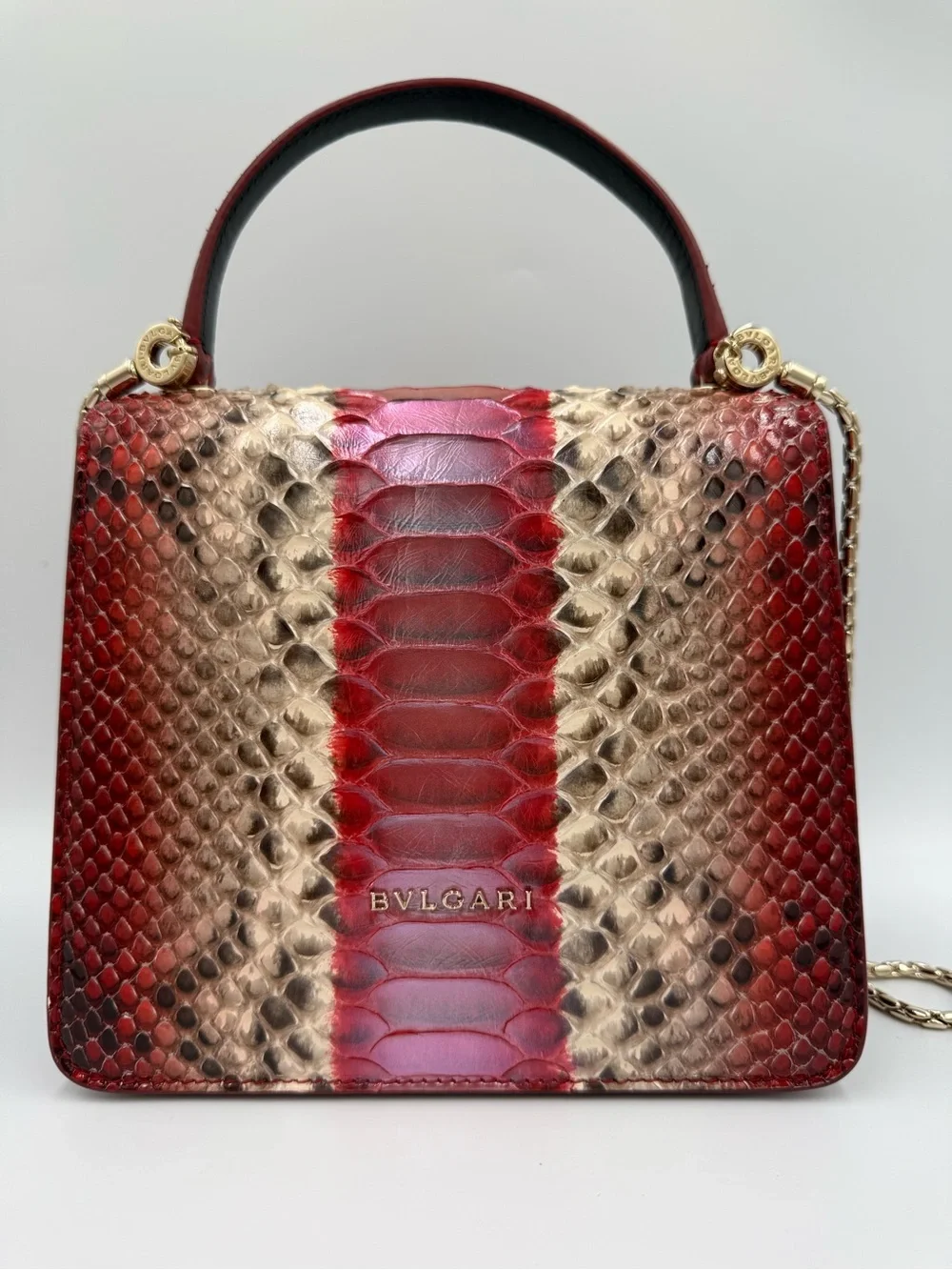 Bvlgari Serpenti Forever Mini Red and Gold Python-Pattern Top Handle Satchel